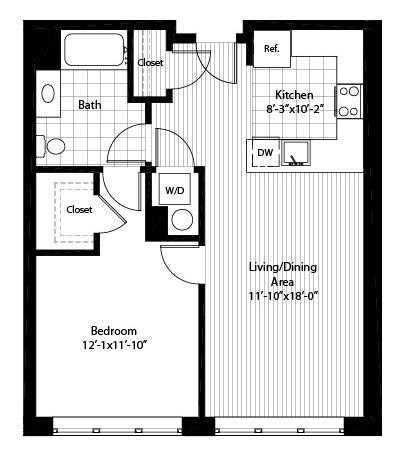 Floor plan for 1 bed, 1 bath, 732 sqft